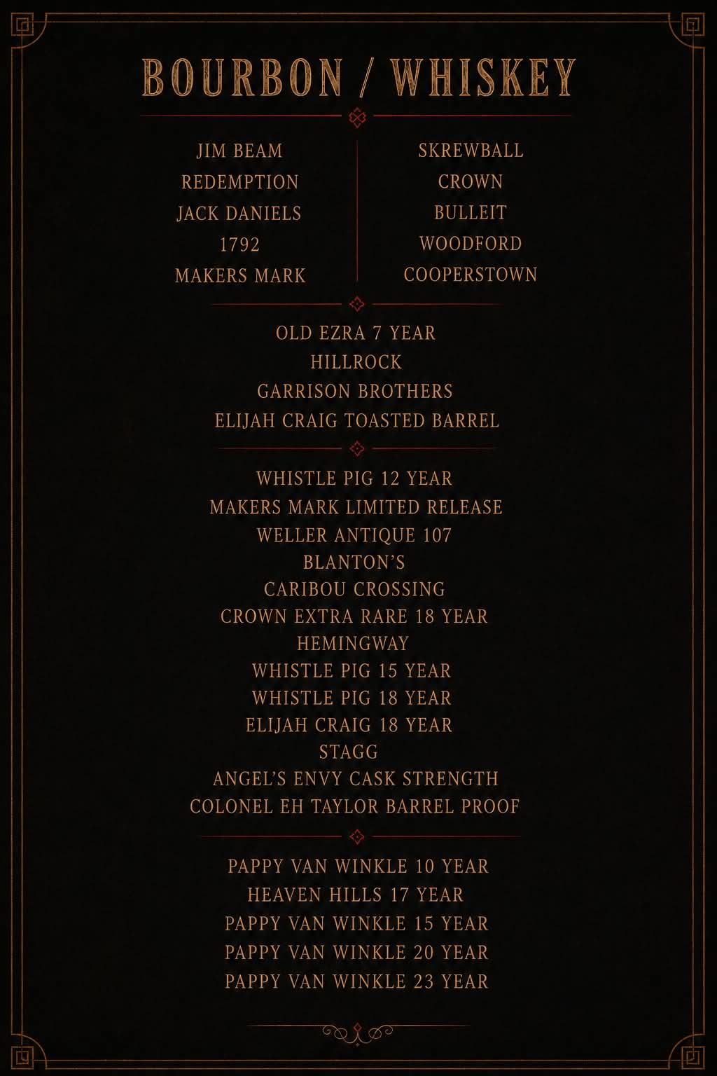 Bourbon and whiskey menu